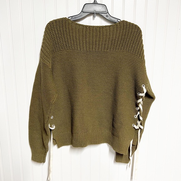 360 Sweater Olive Green Emilia Lace Up Sweater Boatneck Medium M - Picture 3 of 7